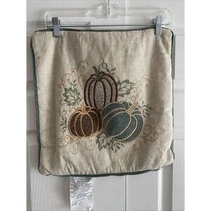 Secret Celebrity Tan Woven Pillow Cover Pumpkin Embroidery 16x16 Harvest Home